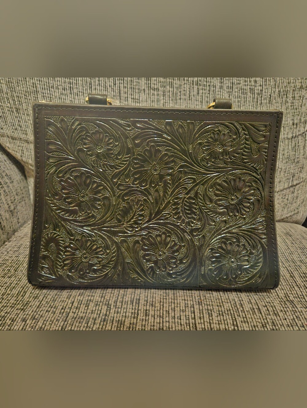 Black Floral Tooled Leather Tote Hair On Hide Purse